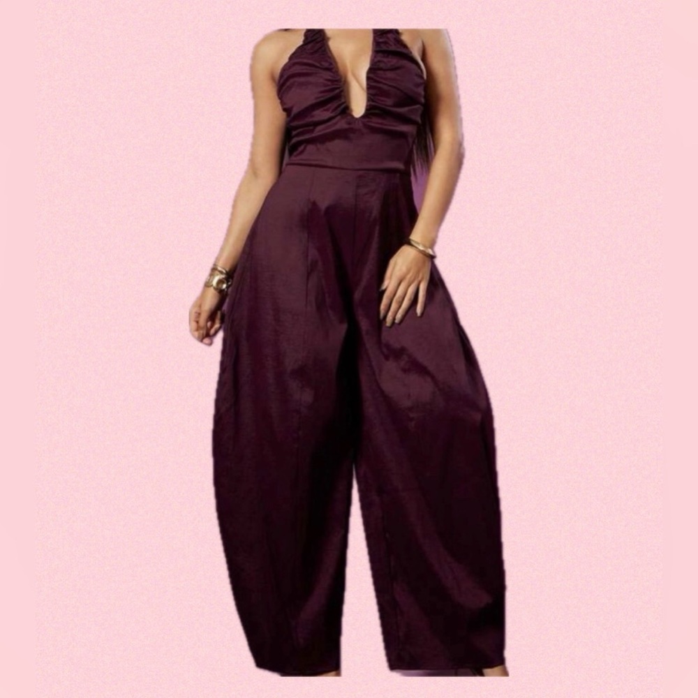 Plunging Halter Wide Barrel-Leg Jumpsuit in Plum